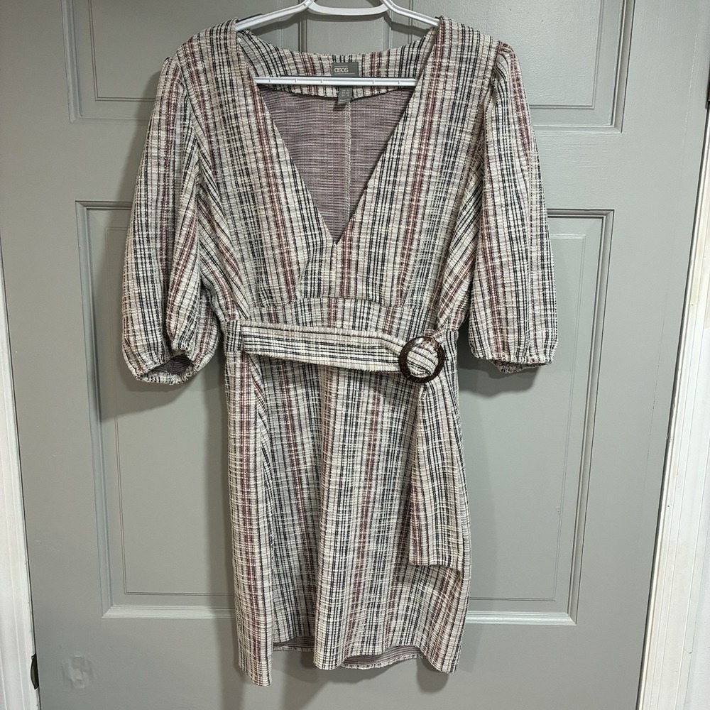 Asos Women Multicolor Striped Belted Knee Length Dress V-Neck Medium Preppy